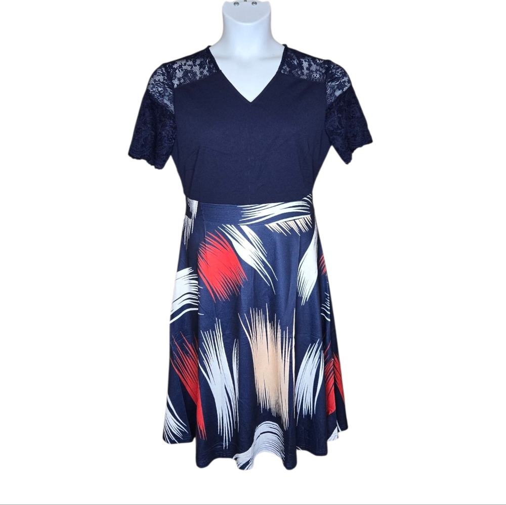 NEW navy blue vintage style‎ abstract print fit and flare lace detail dress XL
